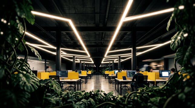 Modern open plan office interior featuring futuristic ceiling lights, computer workstations and indoor green plants, representing biophilic workplace design and tech innovation