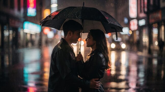 Romantic couple sharing an umbrella on a rainy city street at night