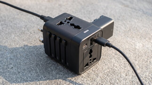 Universal travel adapter charger with multiple plug types and USB-C port plugged in on a textured surface, international travel and technology accessory concept