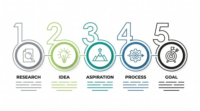 Modern Five-Step Business Process Infographic Featuring Research, Idea, Aspiration, Process, and Goal Stages