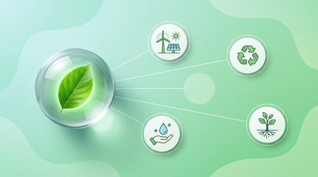 Modern illustration of sustainability concepts with leaf globe and eco-friendly icons