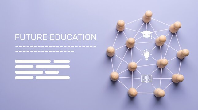 Modern illustration of future education concept with interconnected wooden dolls and icons