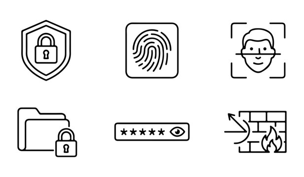 Cyber security and authentication line icons set with shield lock, fingerprint scan, face recognition, password and firewall. Concept of data protection and privacy.