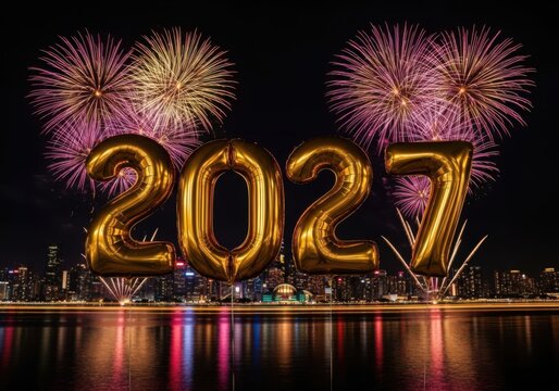 2027 new year celebration with fireworks over city skyline