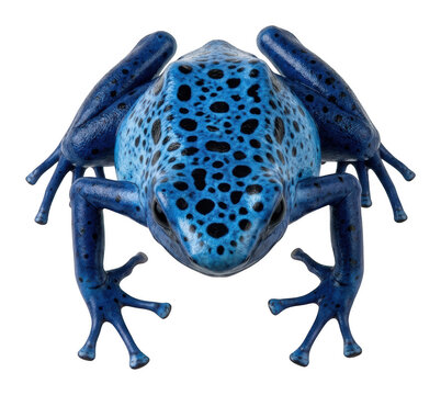 Vibrant blue poison dart frog with black spots crouching seen from above isolated transparent background image