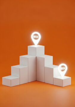 3D Bar Chart with Max and Min Glowing Pin Icons on Orange Background for Business Growth Concept
