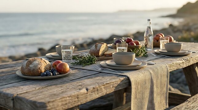 A serene seaside table setup featuring rustic ceramic dinnerware, fresh bread, and fruit on a weathered wooden table overlooking the ocean at sunset.
