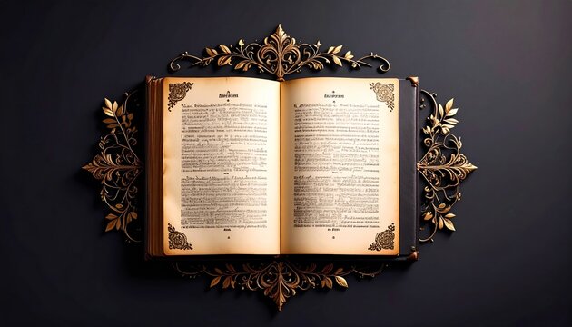 An open antique book with golden decorative borders presents an elegant and classic aesthetic
