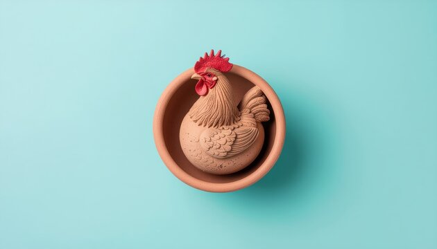 Ceramic rooster nestled in terra cotta pot against a tranquil light blue backdrop