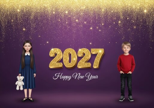 Happy new year 2027 greeting card with children and golden glitter