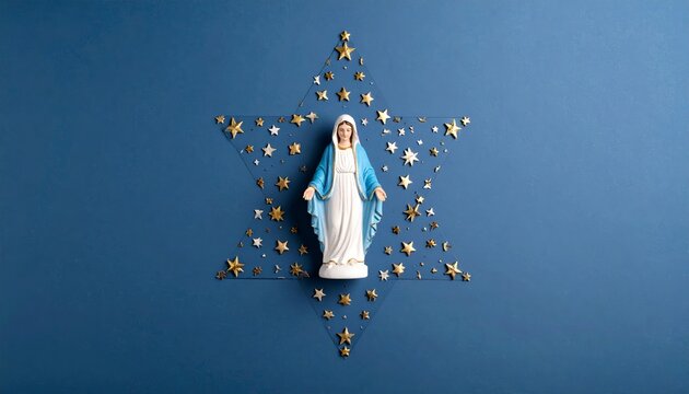 Abstract flat lay featuring the Virgin Mary among stars in triangular geometry background with shades of blue and golden elements concept