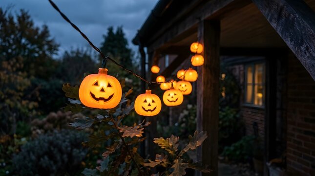 A festive string of glowing jack o lantern lights hanging on a porch for a happy halloween celebration