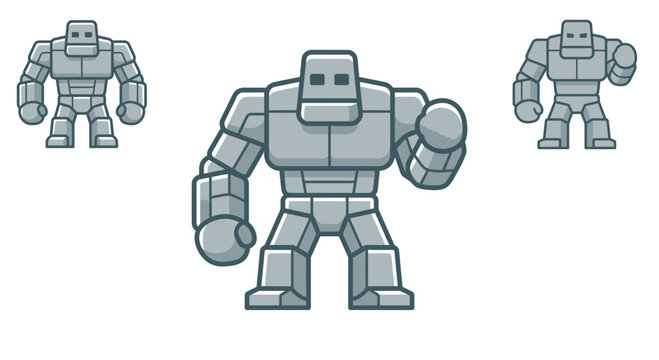 Set of cartoon iron golem character illustrations.