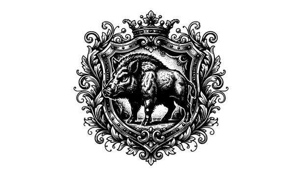 Fierce Warthog Heraldic Emblem with Ornamental Shield Vintage Vector