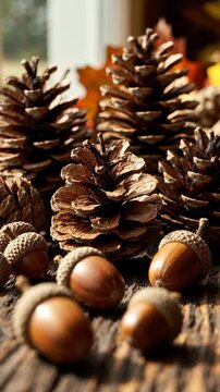 close-up of acorns and pine cones on a rustic wooden surface, autumn harvest theme, natural textures, warm lighting