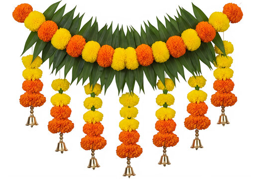 Orange and yellow marigold flower garland with green leaves and brass bells isolated on transparent background