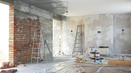 Fototapeta premium Interior room under construction with exposed brick wall and ladders
