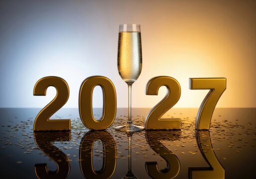Golden 2027 numbers with a champagne flute on reflective surface