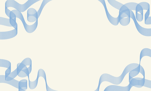 Retro and elegant ivory background with blue linear ribbon swirls, corner border frame template with copy space