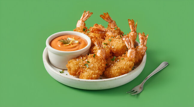 Fried shrimp with dipping sauce on a white plate. Seafood appetizer served with crispy breaded shrimp and tangy sauce.