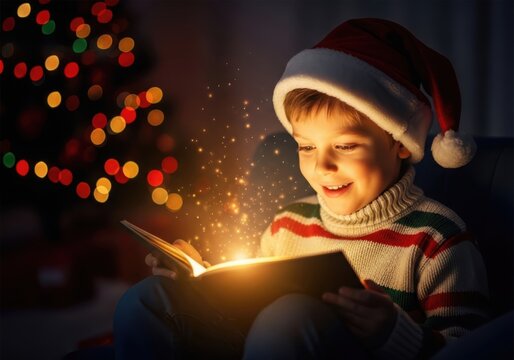 Child reading a magical christmas book