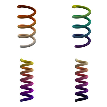 Four 3D spiral tubes with different color gradients on white background