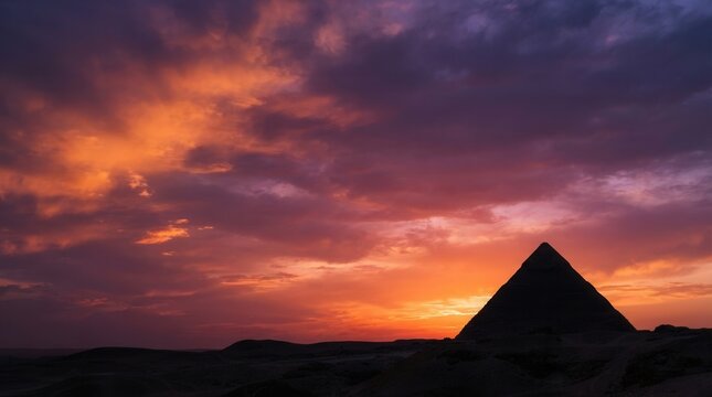 Dramatic Sunset Over Ancient Egyptian Pyramid Silhouette.