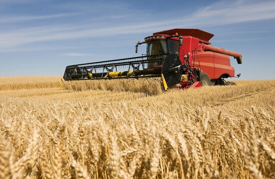 Combine harvester working in a golden wheat field during the autumn grain harvest