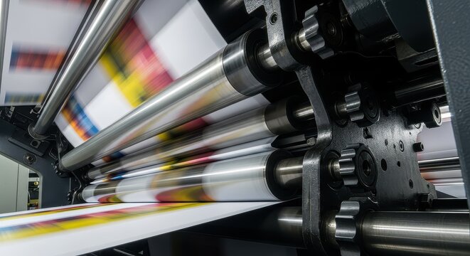 High-Speed Industrial Offset Printing Press Machine with Moving Paper and Rollers in a Professional Print Shop