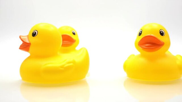 Three yellow rubber ducks in a row with realistic sounds of quacking on a white background