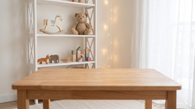 Wooden toys on a white shelf in a bright child s room