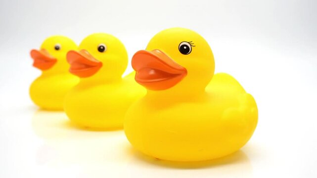 Three yellow rubber ducks in a row with open beaks on a clean white surface ready for bath time