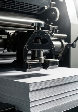 Close-up of an industrial offset printing press machine feeding white paper sheets in a professional print shop.