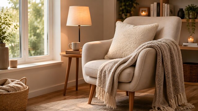 Comfortable chair with soft pillow and cozy blanket , chair, pillow, blanket, cozy, comfortable, furniture
