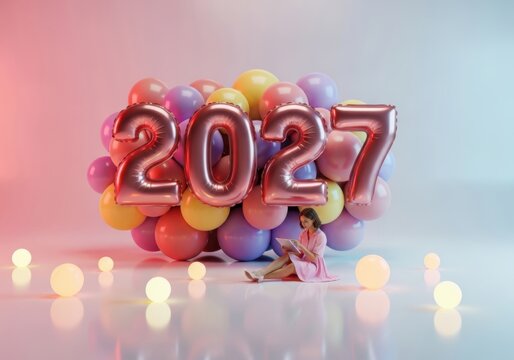 Woman with tablet in front of 2027 balloons
