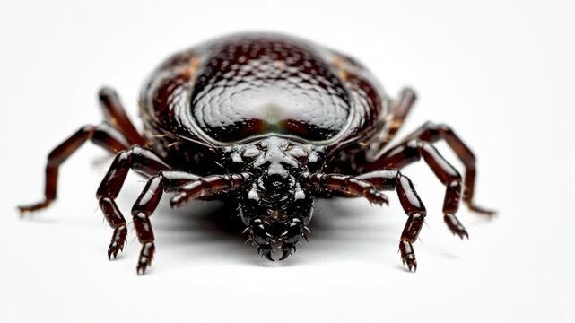 Close-up macro of a glossy engorged tick displaying its intricate details and menacing appearance on a white backdrop