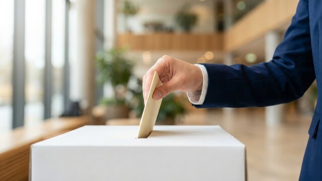 Business - Person casting a ballot in election with white box in modern interior