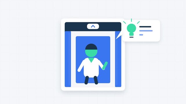 Animated Figure Standing in a Moving Elevator with a Lightbulb Idea