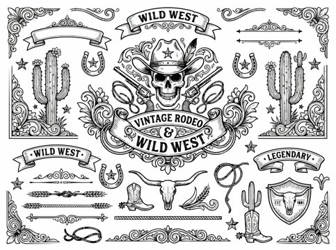 Western decorative ornament set with skull and cactus vector illustration