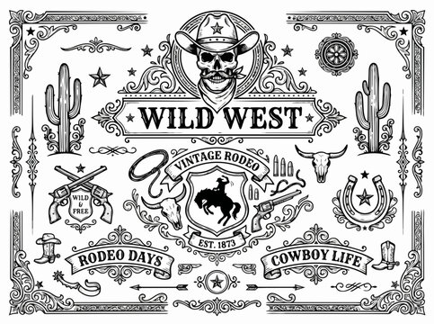 Western decorative ornament set with skull and cactus vector illustration