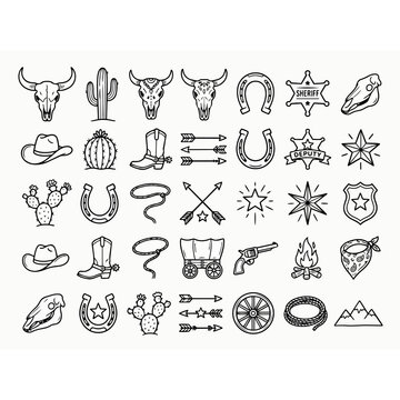 Set of western theme black line icon doodles vector illustration