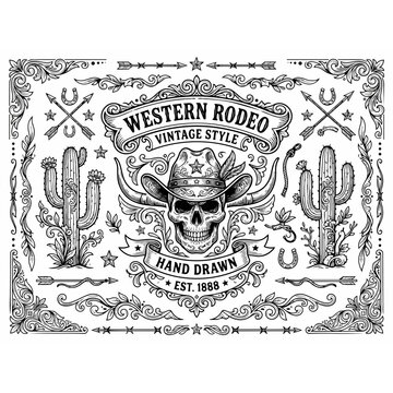 Set of western theme black line icon doodles vector illustration