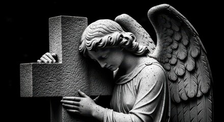 Obraz premium Dramatic Black and White Statue of a Weeping Angel Leaning Against a Stone Cross in a Cemetery Setting