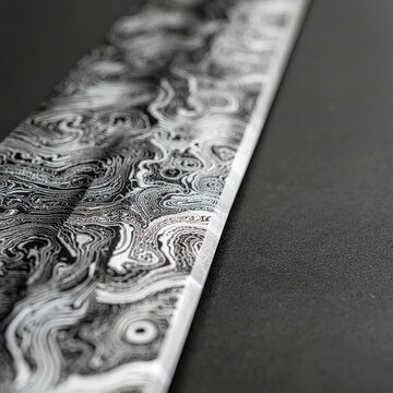 Ultra Macro Close-Up of Damascus Steel Sword Blade, Detailed Metal Pattern Texture Study, Artisan Blacksmith Craftsmanship Detail