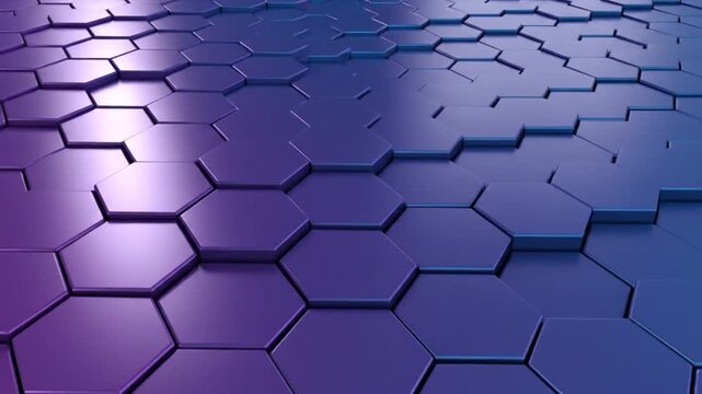 Abstract purple and blue hexagon tile surface creating futuristic modern background pattern perspective view