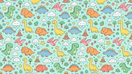 Pastel dinosaur and happy cloud seamless pattern © andi