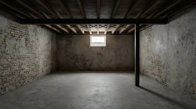 Fixer upper house for residential real estate renovation project featuring a rustic empty basement with exposed wooden joists and raw brick wall textures