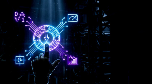 A gloved hand touching glowing holographic quantum neural network interface in dark server room visualizing Quantum Computing Progress digital illustration