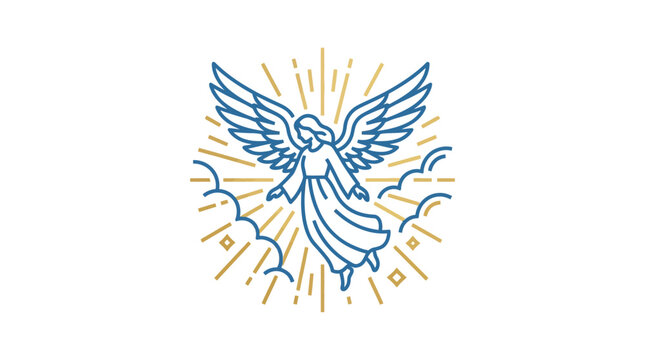 Stylized line art illustration of an angel with outstretched wings, surrounded by golden light rays and clouds on a white background.
