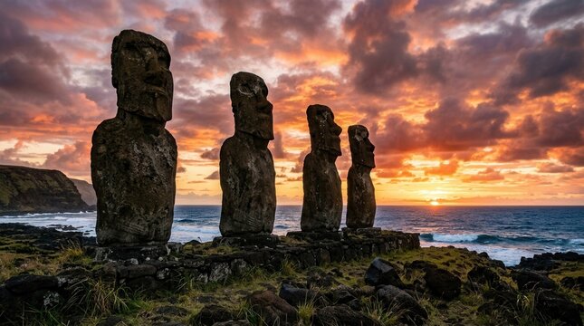 Ancient Moai Statues on Easter Island at Dramatic Sunset.